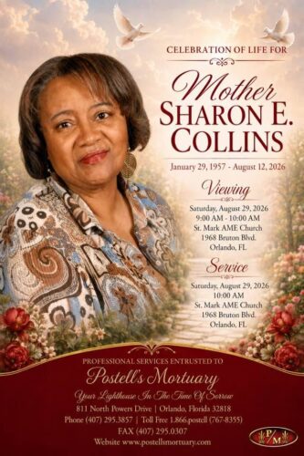 Service announcement for Mother Sharon Elaine Collins