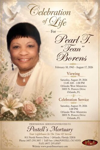 Service announcement for Pearl T. Borens