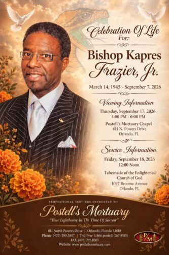 Service announcement for Bishop Kapres Frazier Jr.