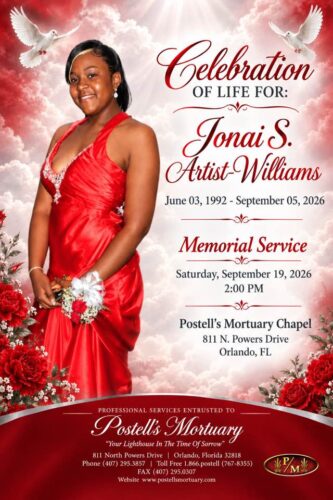 Service announcement for Jonai S. Artist-Williams
