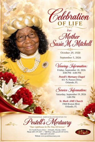 Service announcement for Mother Susie M. Mitchell