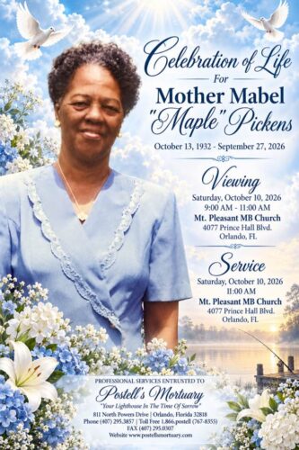 Service announcement for Mother Mabel Pickens